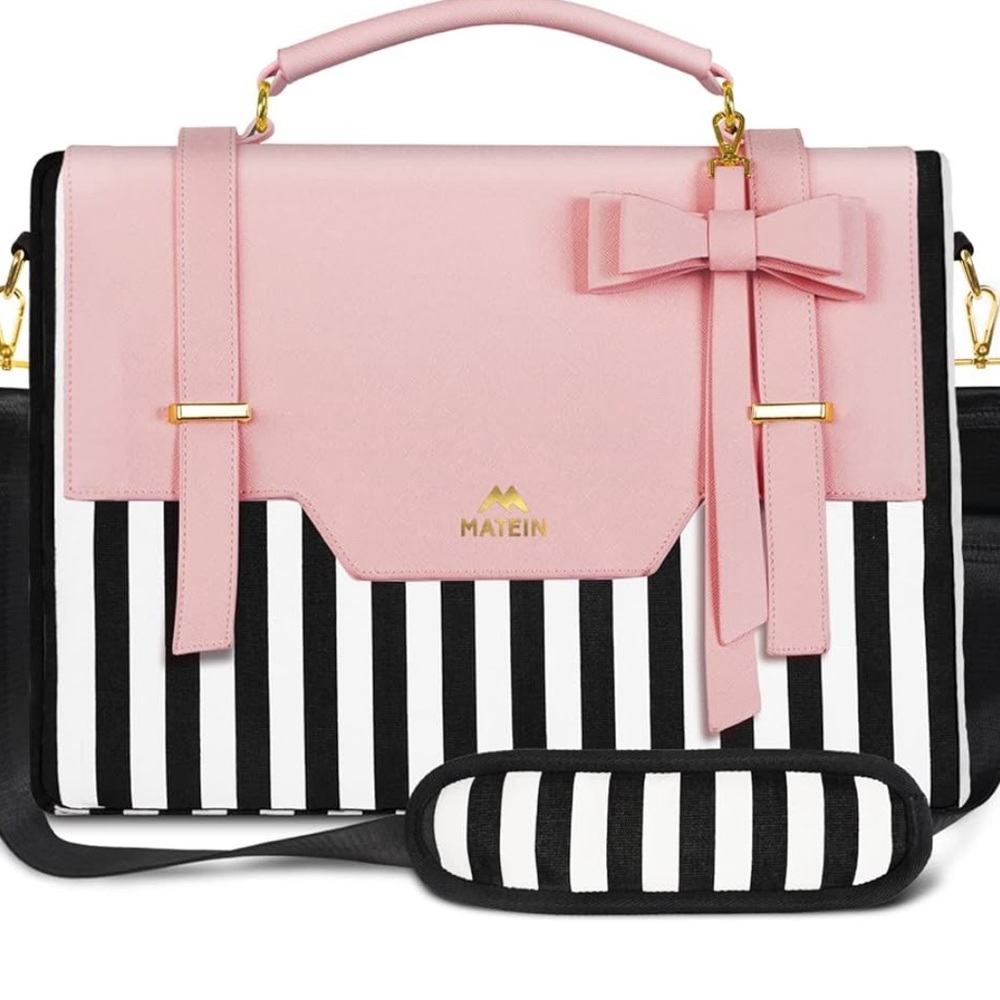 Matein Pink and Black Striped Laptop Bag for Women